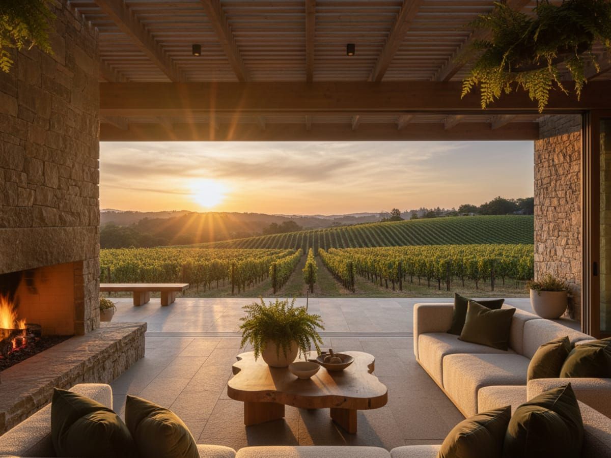 Indoor-outdoor living space with vineyard views