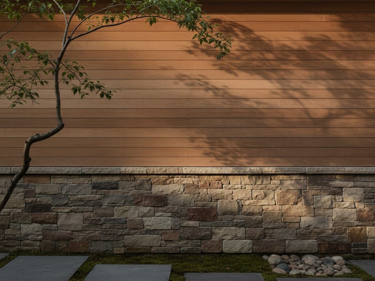 Modern farmhouse exterior detail showing natural wood and stone